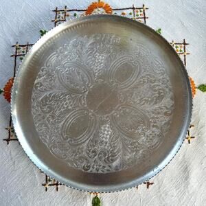 Vintage 1950s Pressed Aluminum Round Serving Tray with scalloped Edge